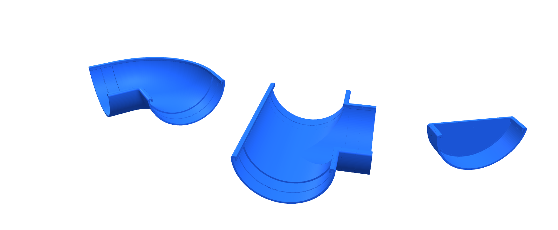 A gutter angle joint, a T branch and an end cap, in blue.