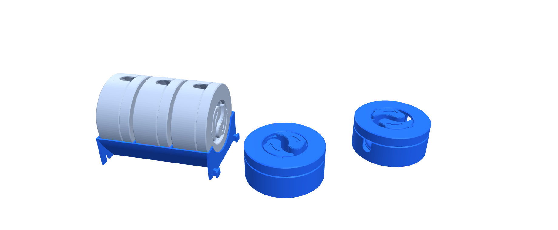 A trough holding three cable winders, beside two more winders.
