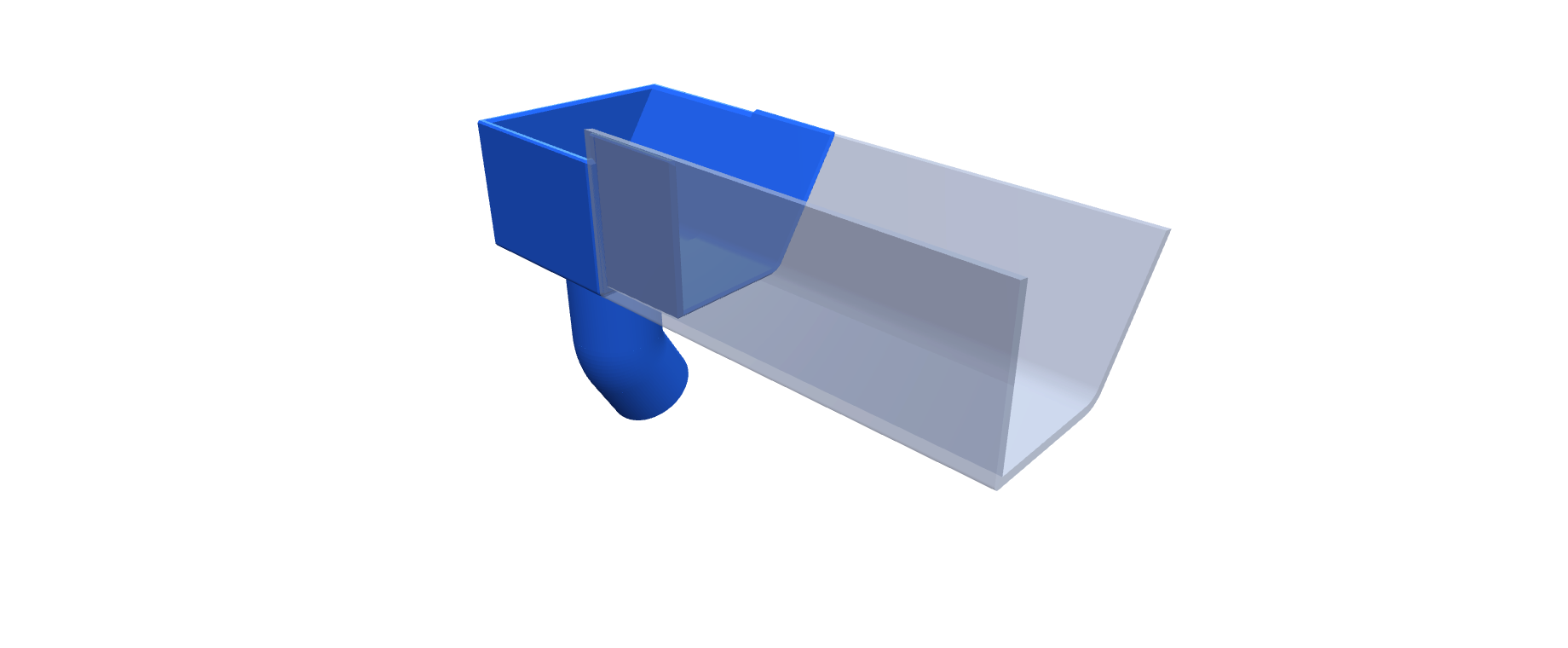 A 3D printed greenhouse gutter end outlet fitted to a length of gutter, with a bent downpipe spout.
